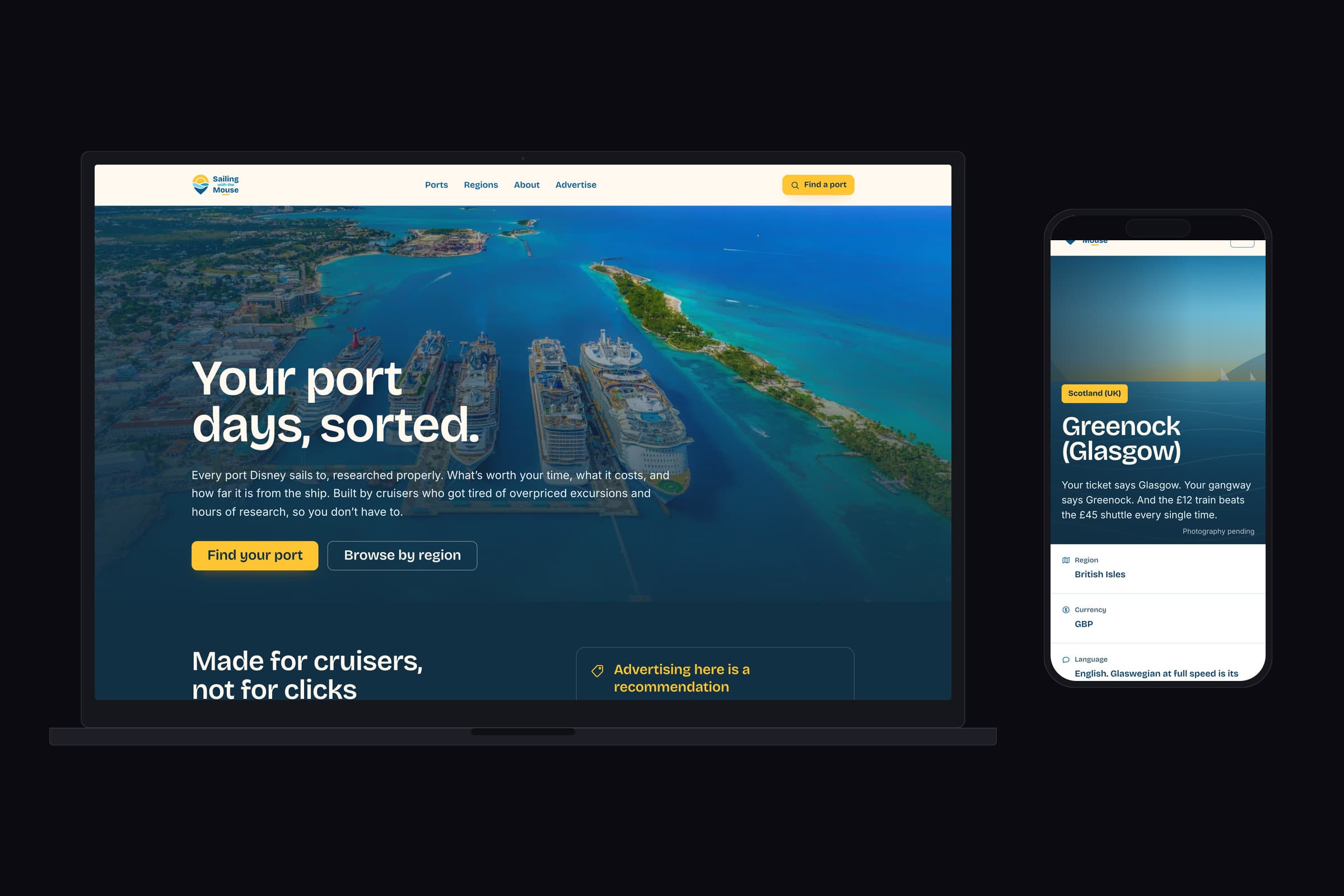 The homepage on a laptop beside a port guide on a phone, the planning done at a desk and the guide carried at the rail