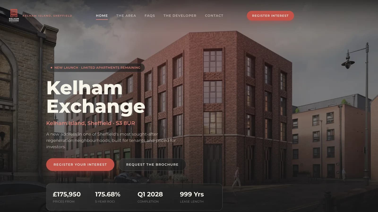 The Kelham Exchange homepage: the scheme name over a CGI of the building, with price, return and completion below.